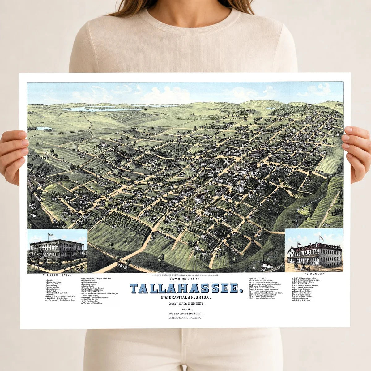Restored colorized 1885 bird’s-eye view map of Tallahassee, Florida, showing the Capitol, University of Florida, State Seminary, Lincoln Academy, Leon Hotel, The Morgan, churches, railroads, homes, farms, and surrounding Leon County countryside.
