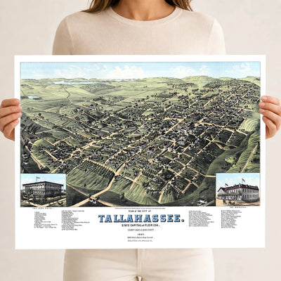 Restored colorized 1885 bird’s-eye view map of Tallahassee, Florida, showing the Capitol, University of Florida, State Seminary, Lincoln Academy, Leon Hotel, The Morgan, churches, railroads, homes, farms, and surrounding Leon County countryside.