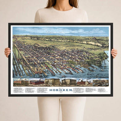 Restored and colorized 1881 bird’s-eye view map of Hoboken, New Jersey, showing historic streets, Hudson River waterfront, railroads, piers, steamers, churches, factories, homes, and landmarks.