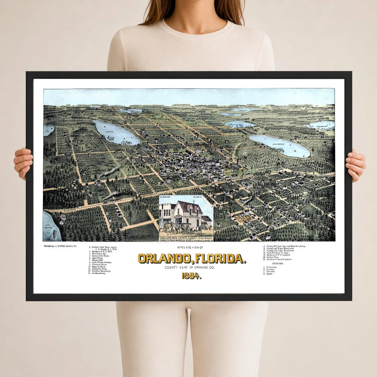 Vintage Map of Orlando Florida from 1884 restored and colorized by KNOWOL