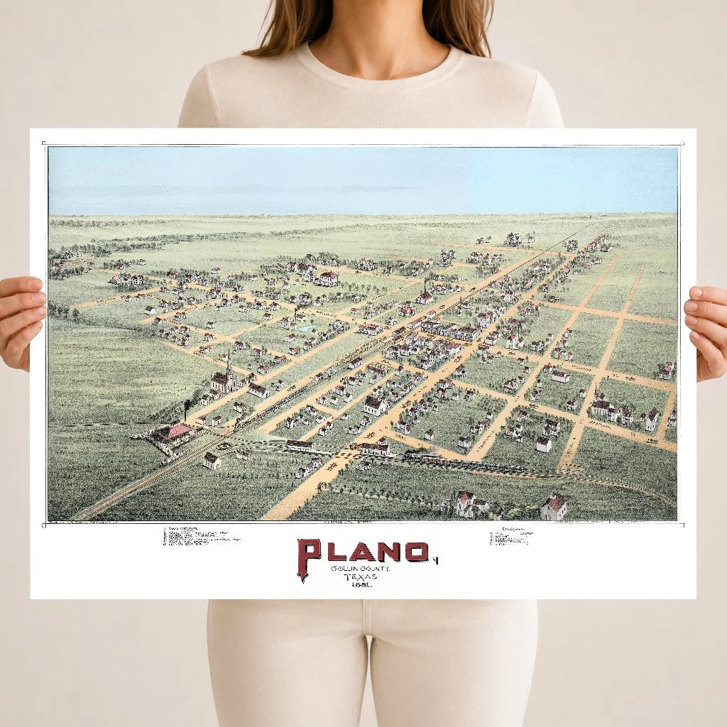 Hand-colored 1891 bird's-eye view map of Plano, Texas showing streets, railroads, churches, and homes on the prairie.