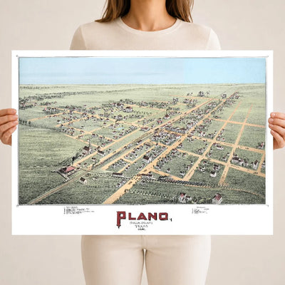 Hand-colored 1891 bird's-eye view map of Plano, Texas showing streets, railroads, churches, and homes on the prairie.