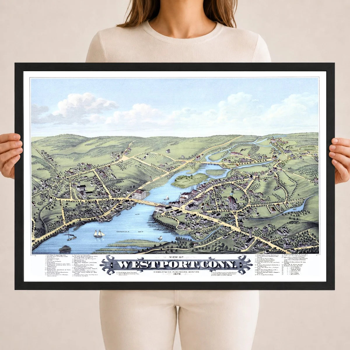 Restored 1878 bird’s-eye map of Westport, Connecticut showing Saugatuck Bay, the Saugatuck River, Gorham Island, historic streets, homes, churches, and mills.