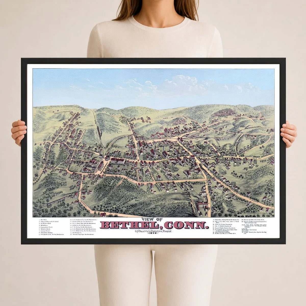 Restored and colorized 1879 bird’s-eye view map of Bethel, Connecticut by O.H. Bailey, showing historic streets, railroads, churches, factories, homes, and landmarks.