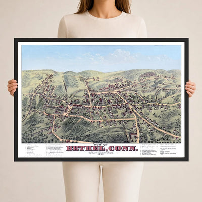 Restored and colorized 1879 bird’s-eye view map of Bethel, Connecticut by O.H. Bailey, showing historic streets, railroads, churches, factories, homes, and landmarks.