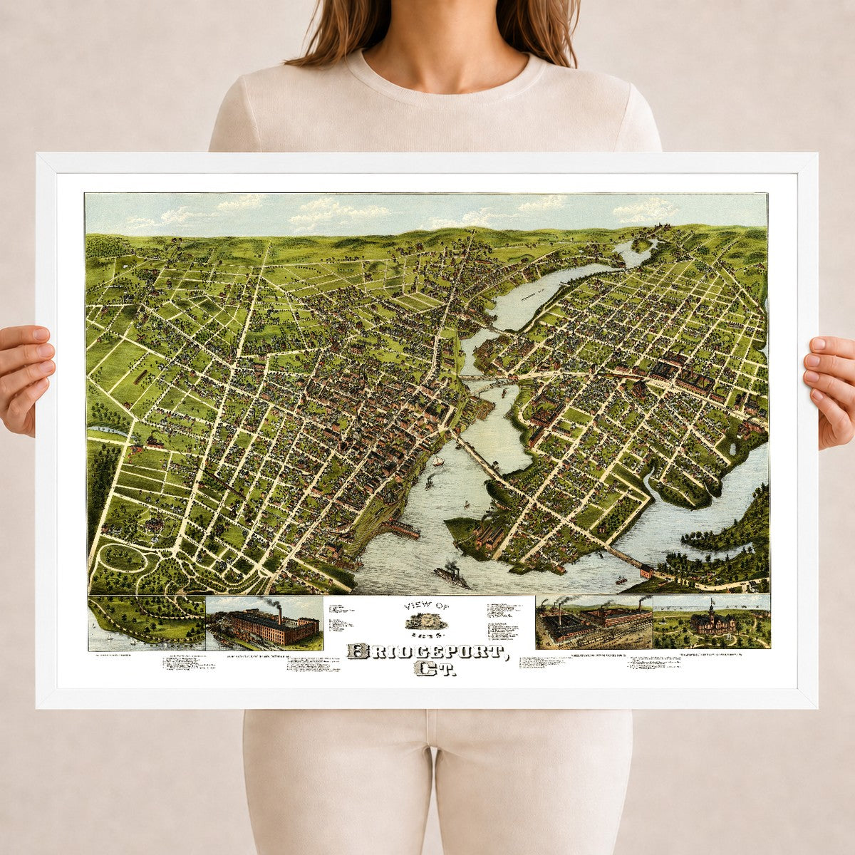 Restored 1875 bird's-eye map of Bridgeport, Connecticut showing the Pequonnock River, the harbor, East Bridgeport, Seaside Park and P.T. Barnum's Waldemere.