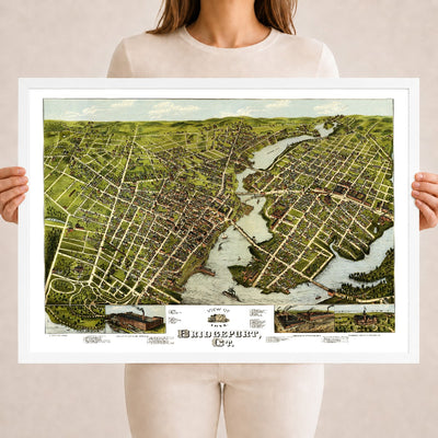 Restored 1875 bird's-eye map of Bridgeport, Connecticut showing the Pequonnock River, the harbor, East Bridgeport, Seaside Park and P.T. Barnum's Waldemere.