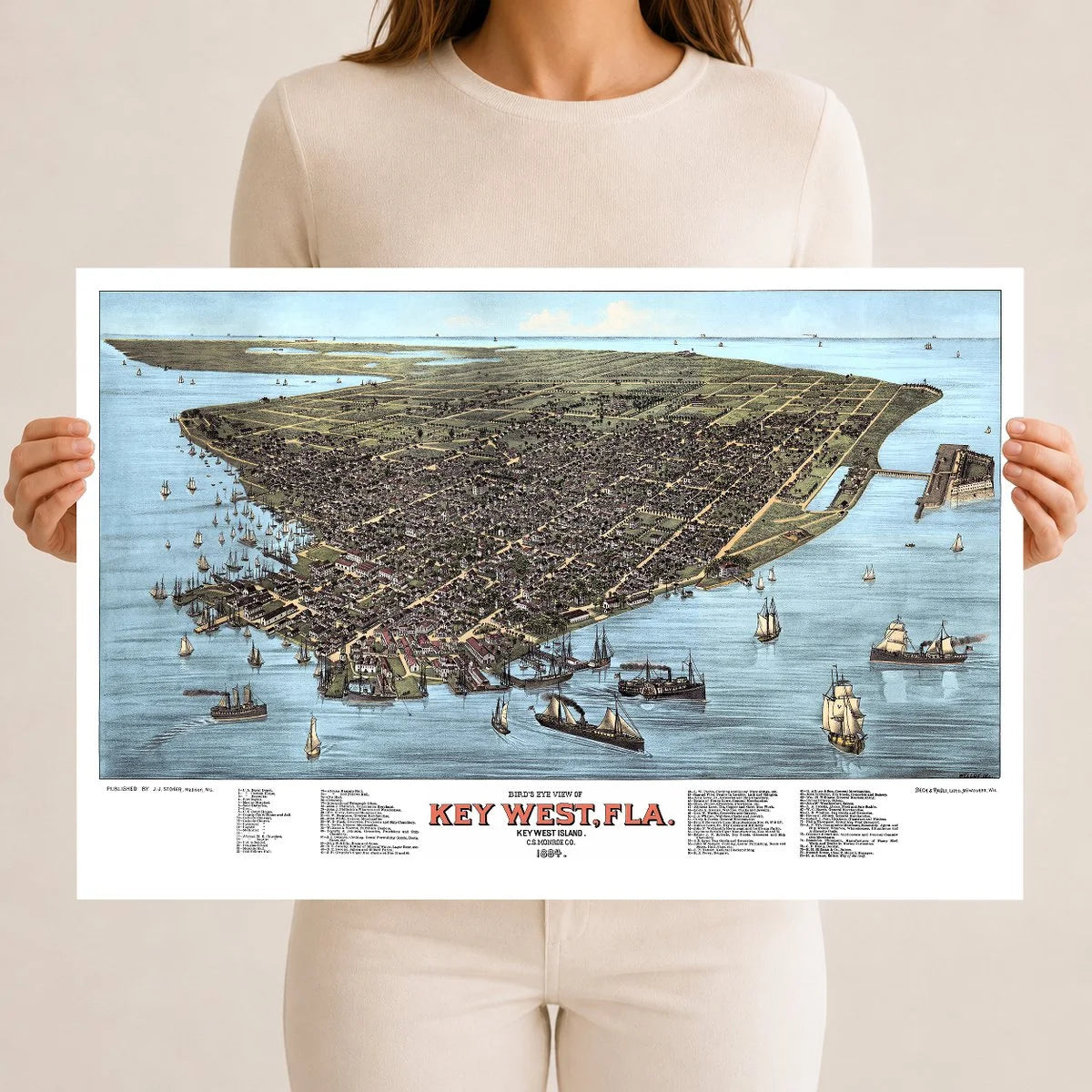 Colorized 1884 bird's eye view map of Key West, Florida by J.J. Stoner