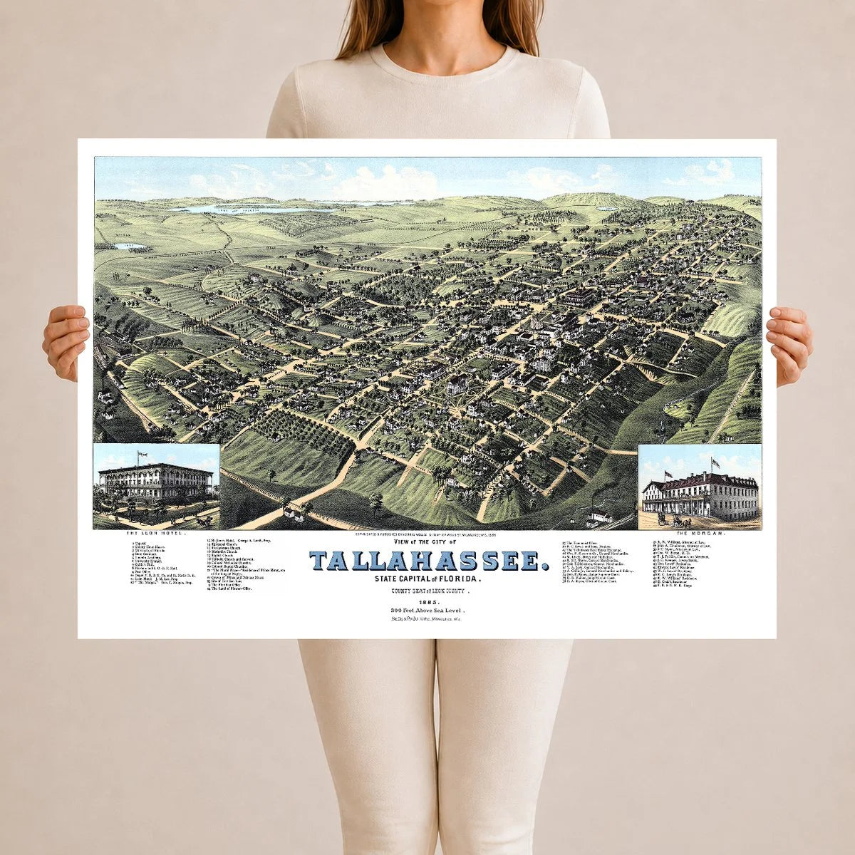 Restored colorized 1885 bird’s-eye view map of Tallahassee, Florida, showing the Capitol, University of Florida, State Seminary, Lincoln Academy, Leon Hotel, The Morgan, churches, railroads, homes, farms, and surrounding Leon County countryside.