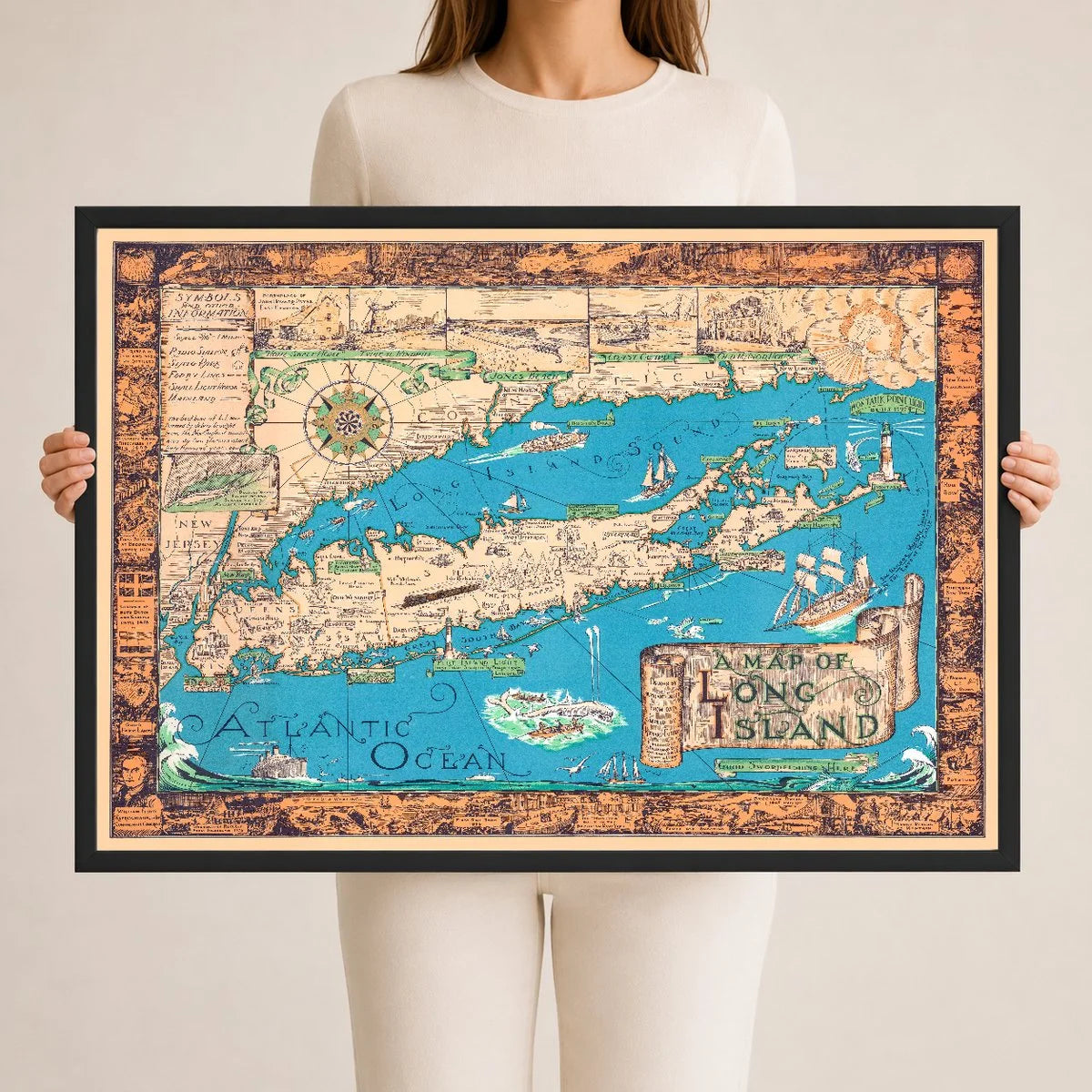 Colorful 1933 pictorial map of Long Island, New York, showing villages, lighthouses, ships, and ornamental border vignettes.