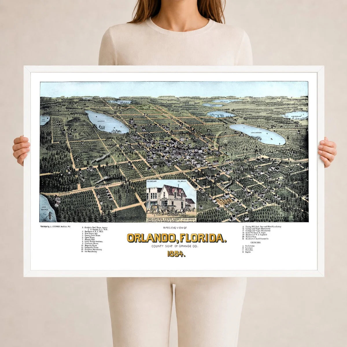 Vintage Map of Orlando Florida from 1884 restored and colorized by KNOWOL