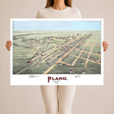 Hand-colored 1891 bird's-eye view map of Plano, Texas showing streets, railroads, churches, and homes on the prairie.