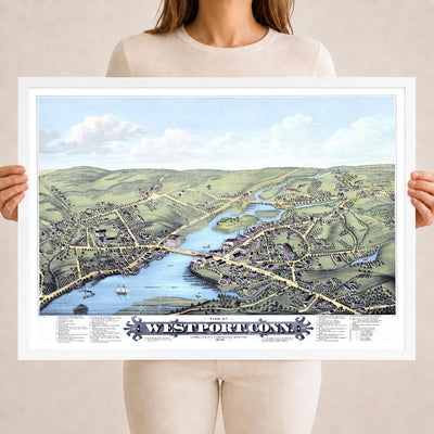 Restored 1878 bird’s-eye map of Westport, Connecticut showing Saugatuck Bay, the Saugatuck River, Gorham Island, historic streets, homes, churches, and mills.