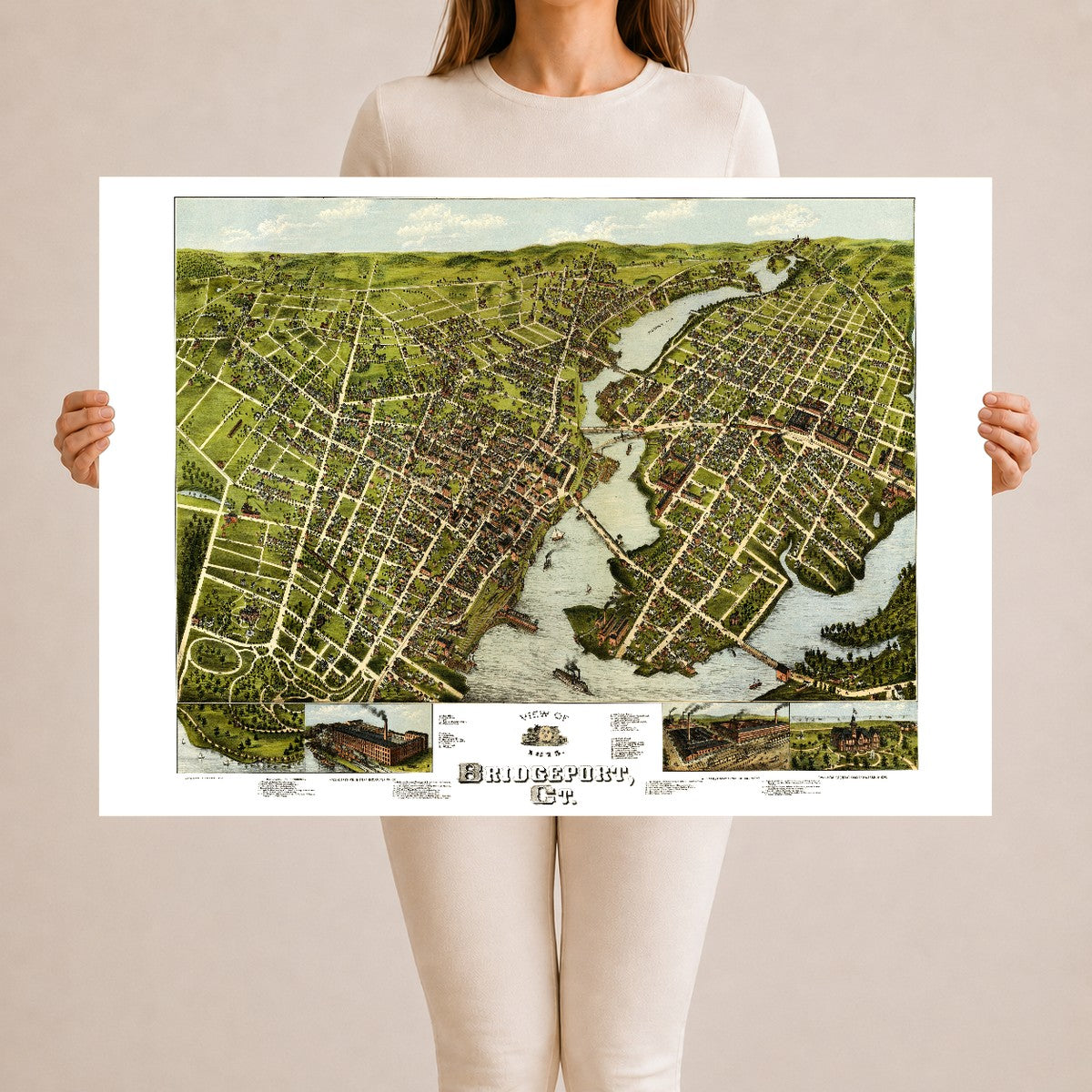 Restored 1875 bird's-eye map of Bridgeport, Connecticut showing the Pequonnock River, the harbor, East Bridgeport, Seaside Park and P.T. Barnum's Waldemere.