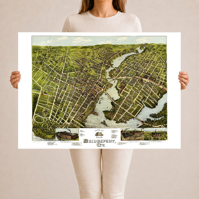 Restored 1875 bird's-eye map of Bridgeport, Connecticut showing the Pequonnock River, the harbor, East Bridgeport, Seaside Park and P.T. Barnum's Waldemere.