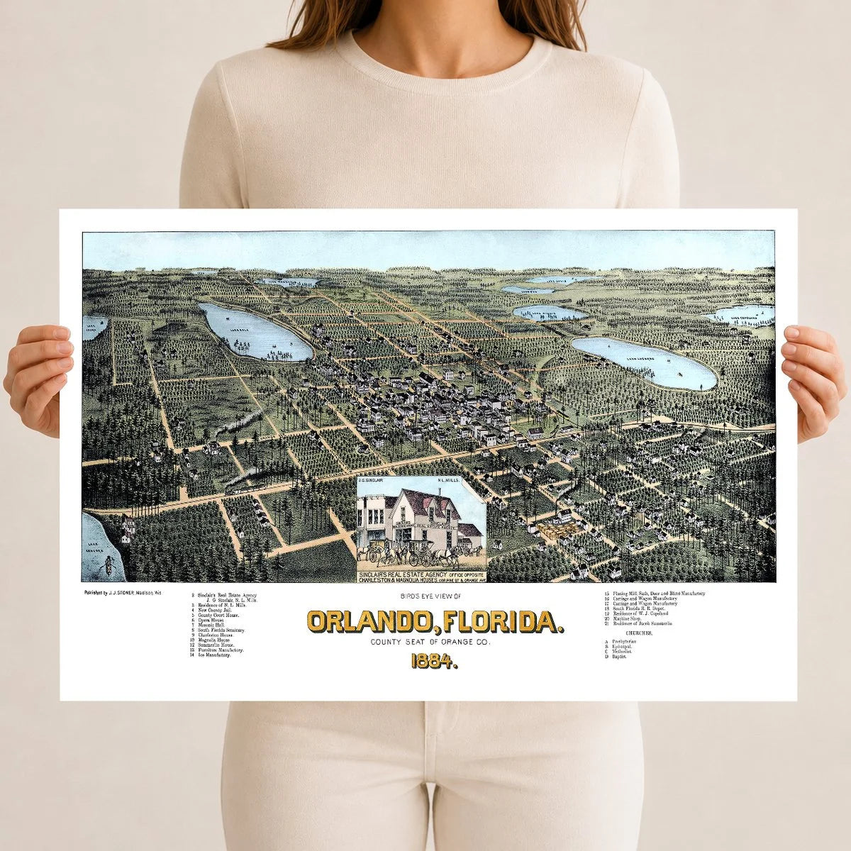 Vintage Map of Orlando Florida from 1884 restored and colorized by KNOWOL