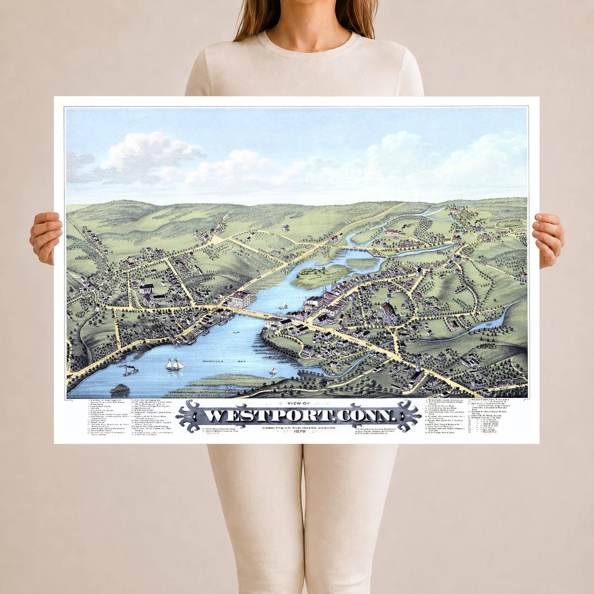 Restored 1878 bird’s-eye map of Westport, Connecticut showing Saugatuck Bay, the Saugatuck River, Gorham Island, historic streets, homes, churches, and mills.