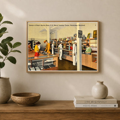 Interior of Ship's Service Store, U. S. Naval Training Center, Bainbridge, Maryland — Vintage Maryland Postcard