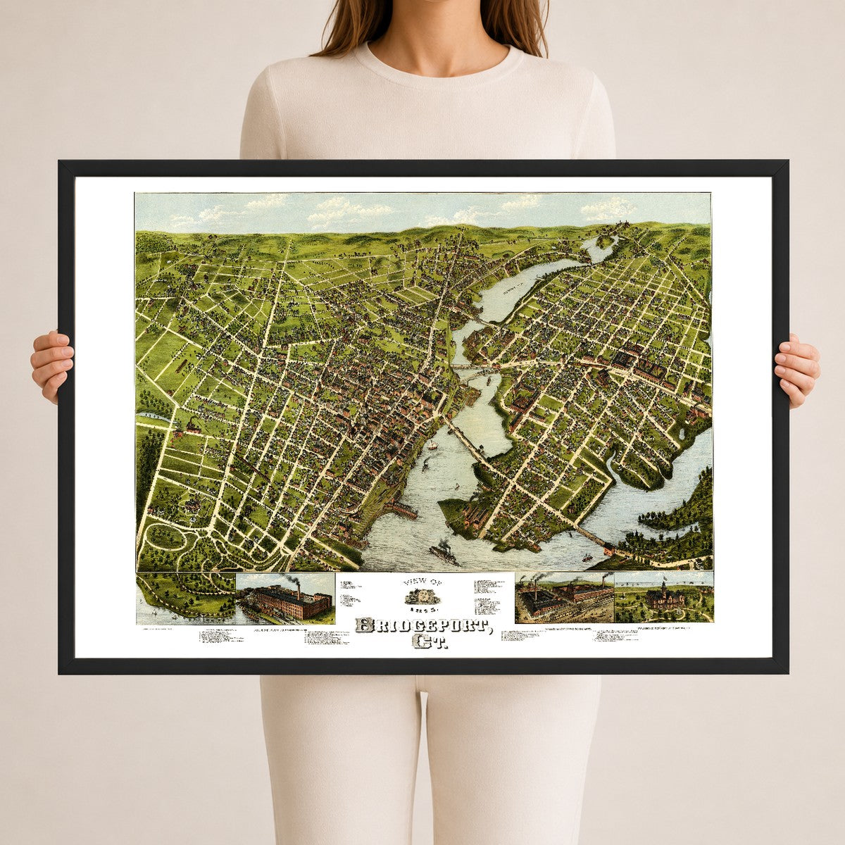 Restored 1875 bird's-eye map of Bridgeport, Connecticut showing the Pequonnock River, the harbor, East Bridgeport, Seaside Park and P.T. Barnum's Waldemere.
