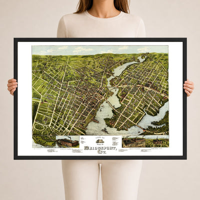 Restored 1875 bird's-eye map of Bridgeport, Connecticut showing the Pequonnock River, the harbor, East Bridgeport, Seaside Park and P.T. Barnum's Waldemere.