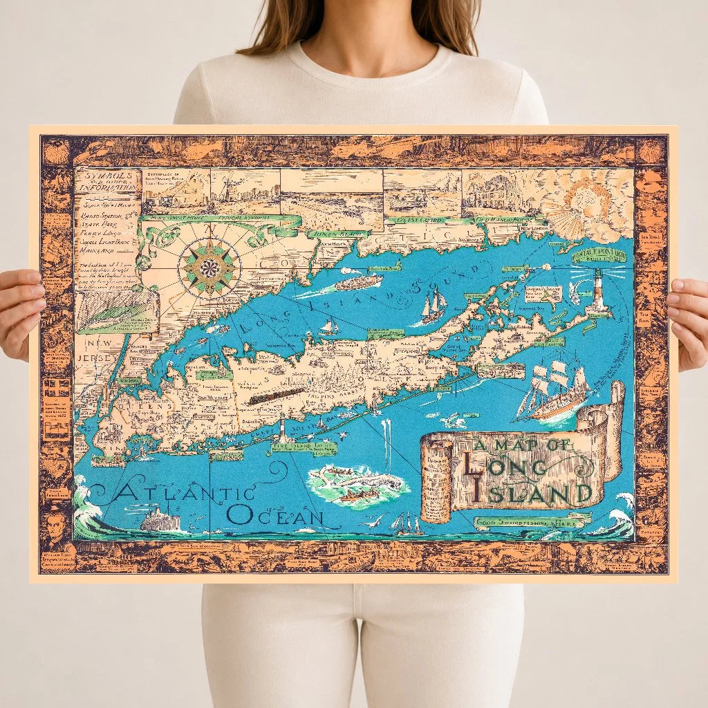 Colorful 1933 pictorial map of Long Island, New York, showing villages, lighthouses, ships, and ornamental border vignettes.