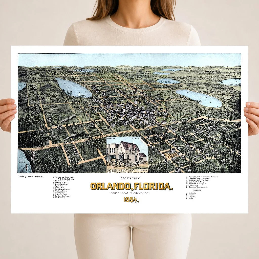 Vintage Map of Orlando Florida from 1884 restored and colorized by KNOWOL