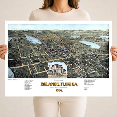 Vintage Map of Orlando Florida from 1884 restored and colorized by KNOWOL