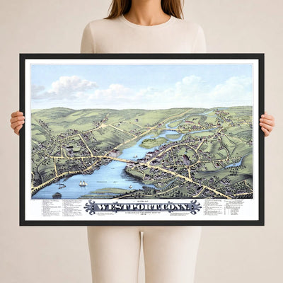 Restored 1878 bird’s-eye map of Westport, Connecticut showing Saugatuck Bay, the Saugatuck River, Gorham Island, historic streets, homes, churches, and mills.