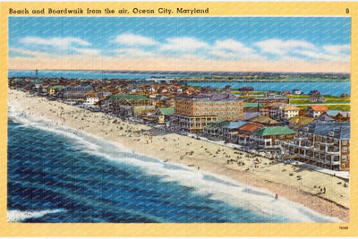 Beach and boardwalk from the air, Ocean City, Maryland — Vintage Maryland Postcard