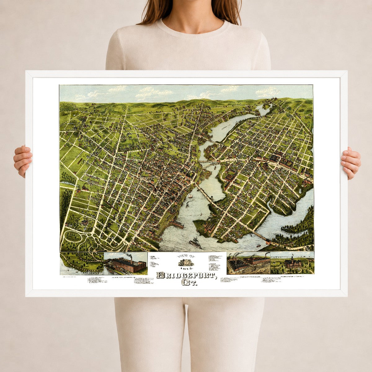 Restored 1875 bird's-eye map of Bridgeport, Connecticut showing the Pequonnock River, the harbor, East Bridgeport, Seaside Park and P.T. Barnum's Waldemere.