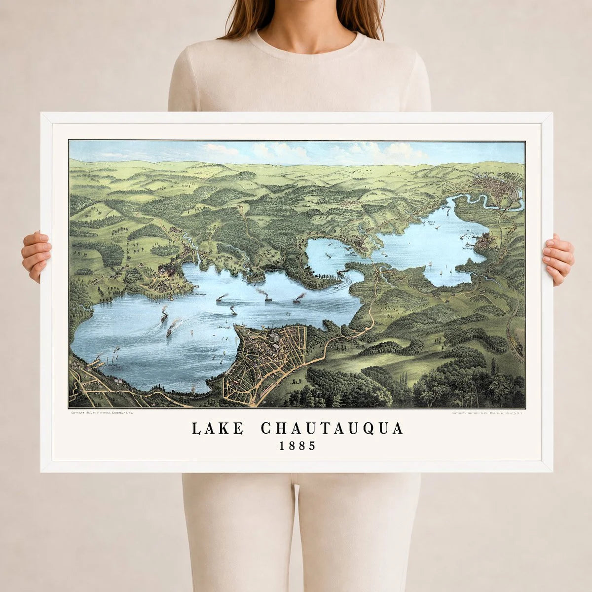 Vintage Map of Lake Chautauqua from 1885 restored and colorized by KNOWOL