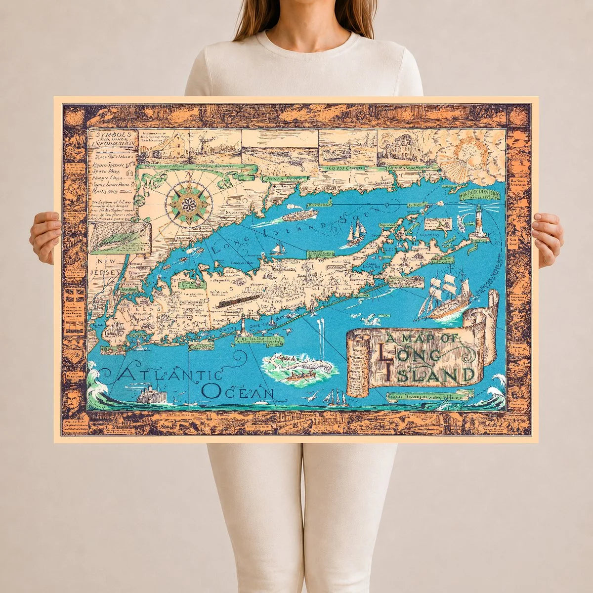Colorful 1933 pictorial map of Long Island, New York, showing villages, lighthouses, ships, and ornamental border vignettes.