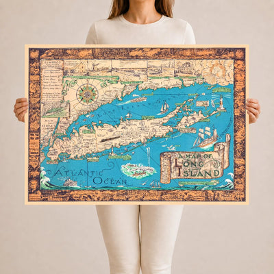 Colorful 1933 pictorial map of Long Island, New York, showing villages, lighthouses, ships, and ornamental border vignettes.