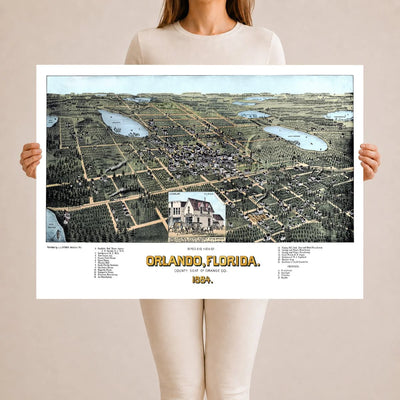 Vintage Map of Orlando Florida from 1884 restored and colorized by KNOWOL