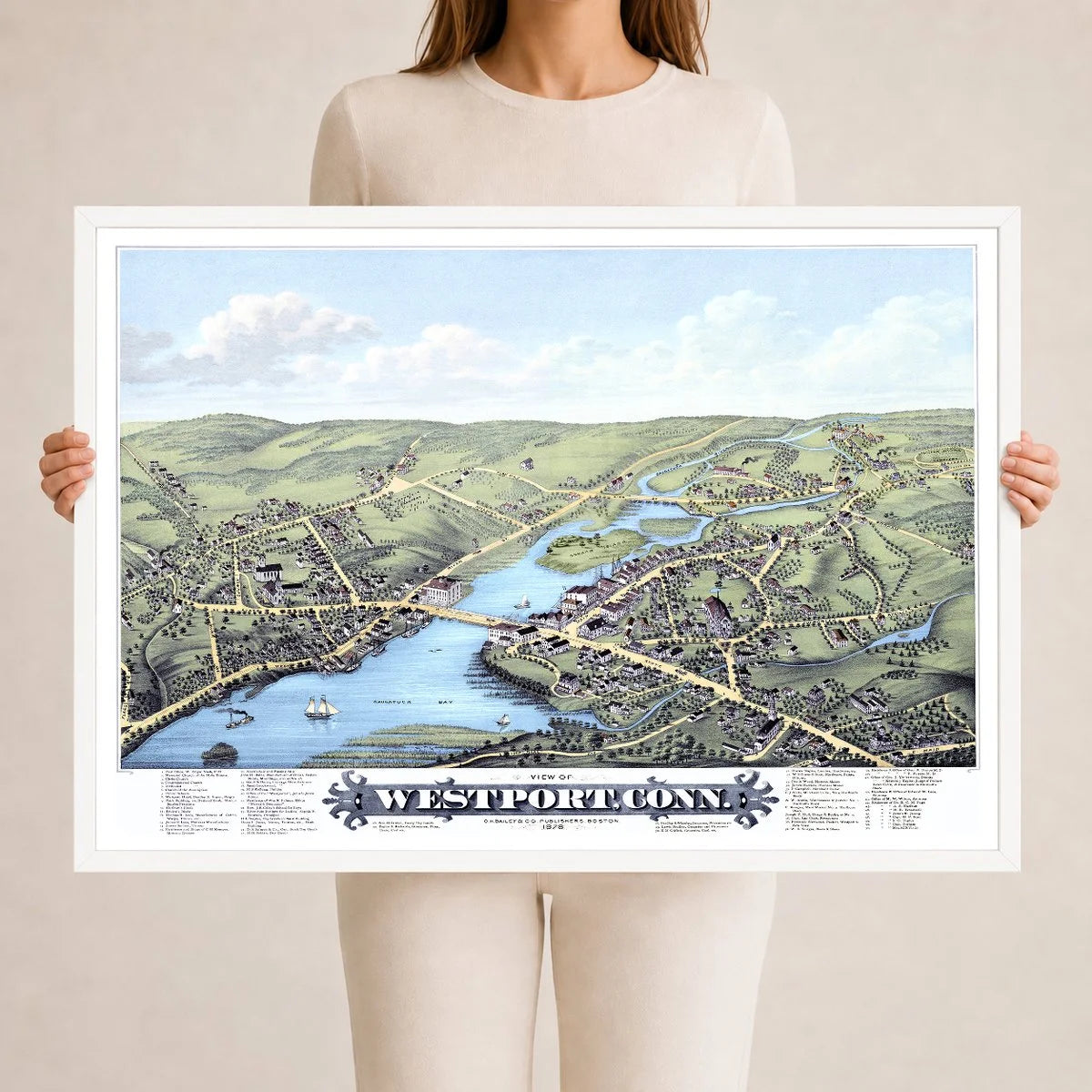 Restored 1878 bird’s-eye map of Westport, Connecticut showing Saugatuck Bay, the Saugatuck River, Gorham Island, historic streets, homes, churches, and mills.