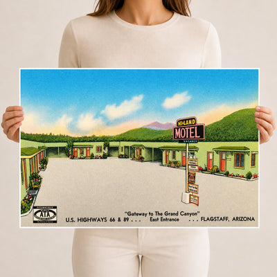 Flagstaff, AZ: Hi-Land Motel, "Gateways to the Grand Canyon," U.S. highways 66 & 89- east entrance- Flagstaff