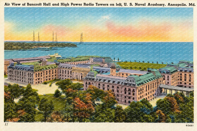 Air view of Bancroft Hall and high power radio towers at left, U. S. Naval Academy, Annapolis, MD — Vintage Maryland Postcard