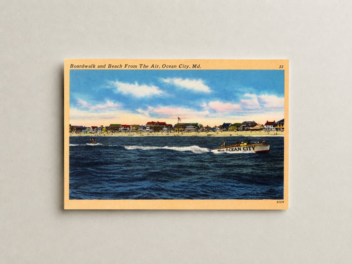 Boardwalk and beach from the air, Ocean City, MD — Vintage Maryland Postcard