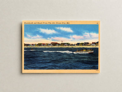 Boardwalk and beach from the air, Ocean City, MD — Vintage Maryland Postcard