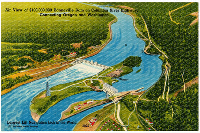 Bonneville Dam, WA: Air view of $100,000,000 Bonneville Dam on Columbia River Highway, connecting Oregon and Washington, largest lift navigation lock in the world