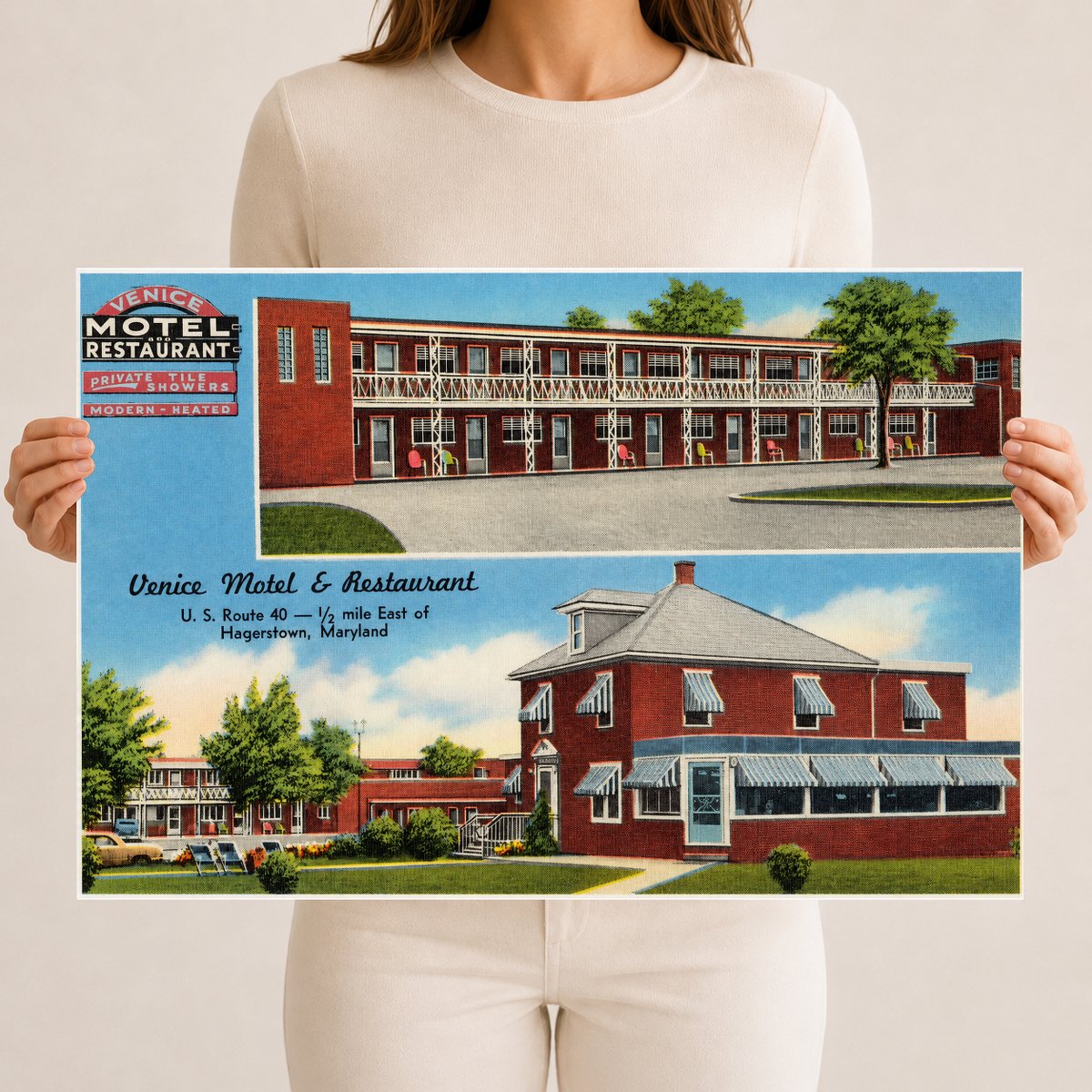 Venice Motel & Restaurant, U. S. Route 40 -- 1/2 mile east of Hagerstown, Maryland — Vintage Maryland Postcard