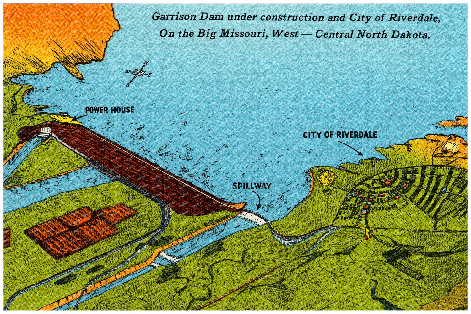 Sakakawea, Lake, ND: Garrison Dam under construction and city of Riverdale, on the Big Missouri, West -- Central North Dakota