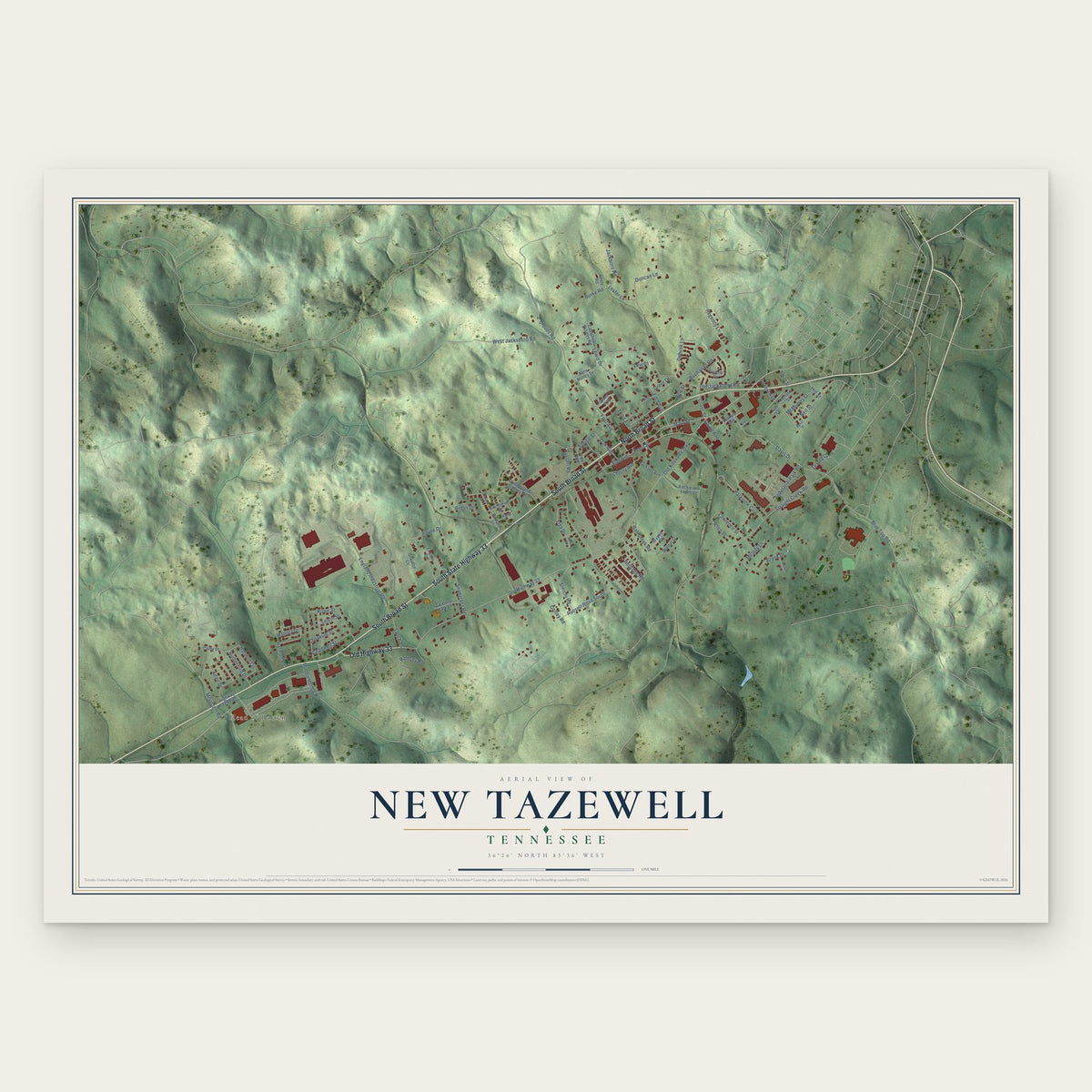 New Tazewell, Tennessee map print, the full design