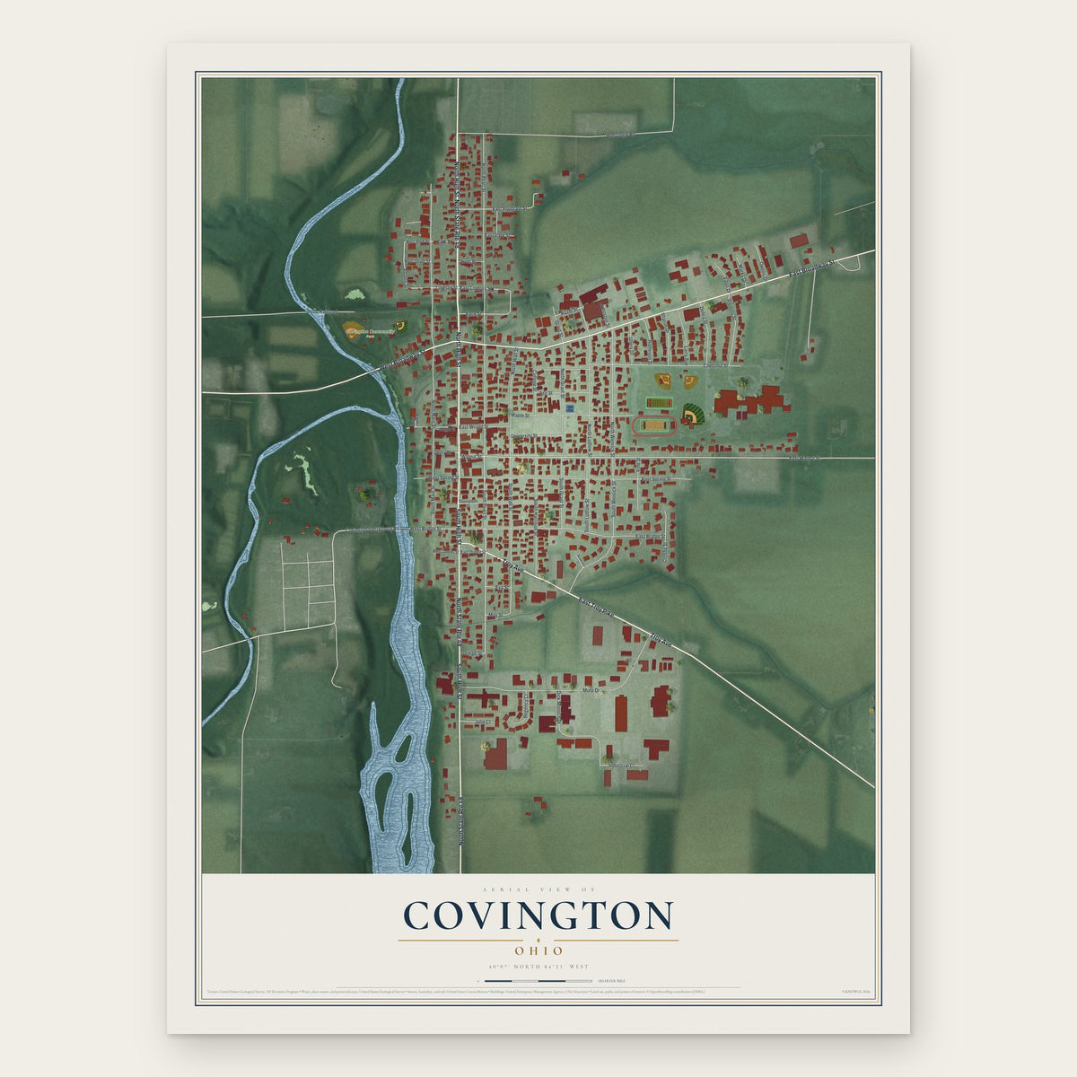 Covington, Ohio map print, the full design