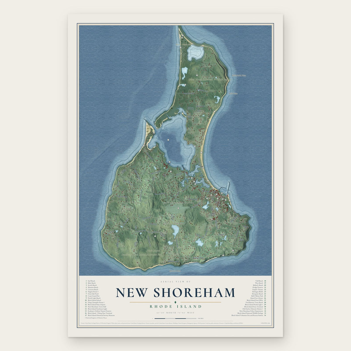 New Shoreham, Rhode Island map print, the full design