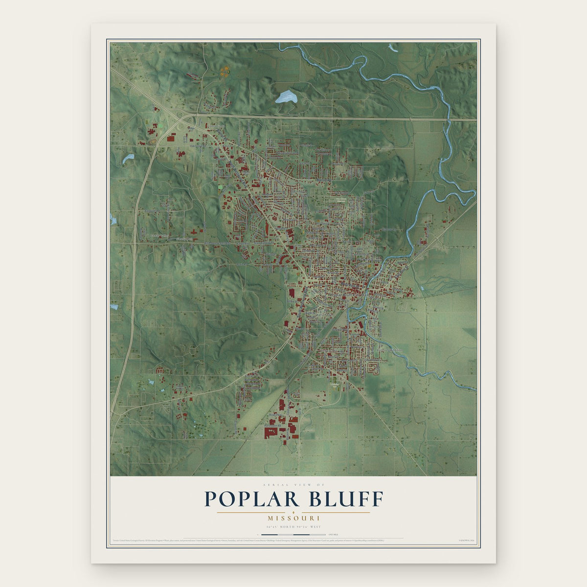 Poplar Bluff, Missouri map print, the full design