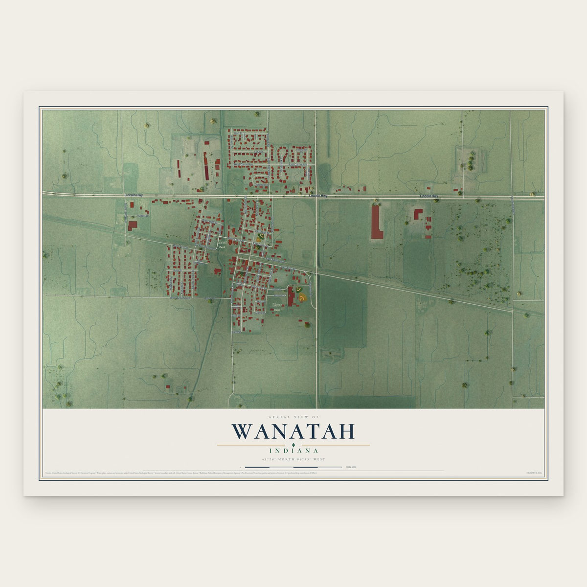 Wanatah, Indiana map print, the full design