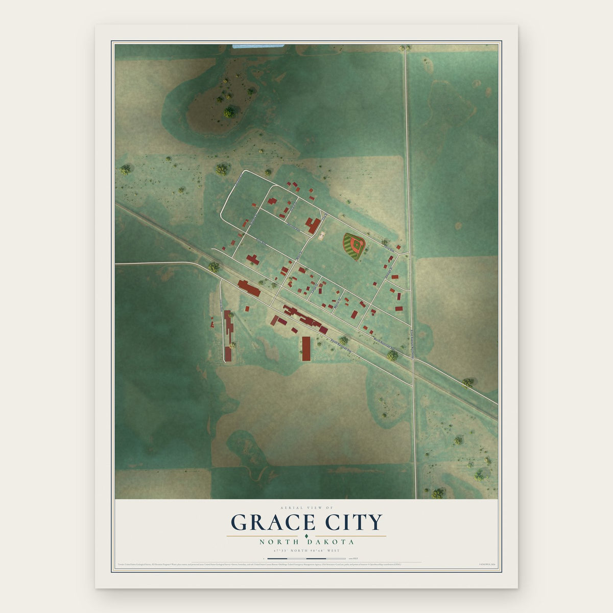 Grace City, North Dakota map print, the full design