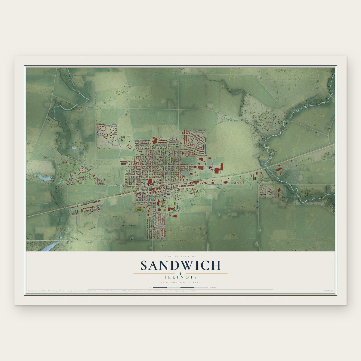 Sandwich, Illinois map print, the full design
