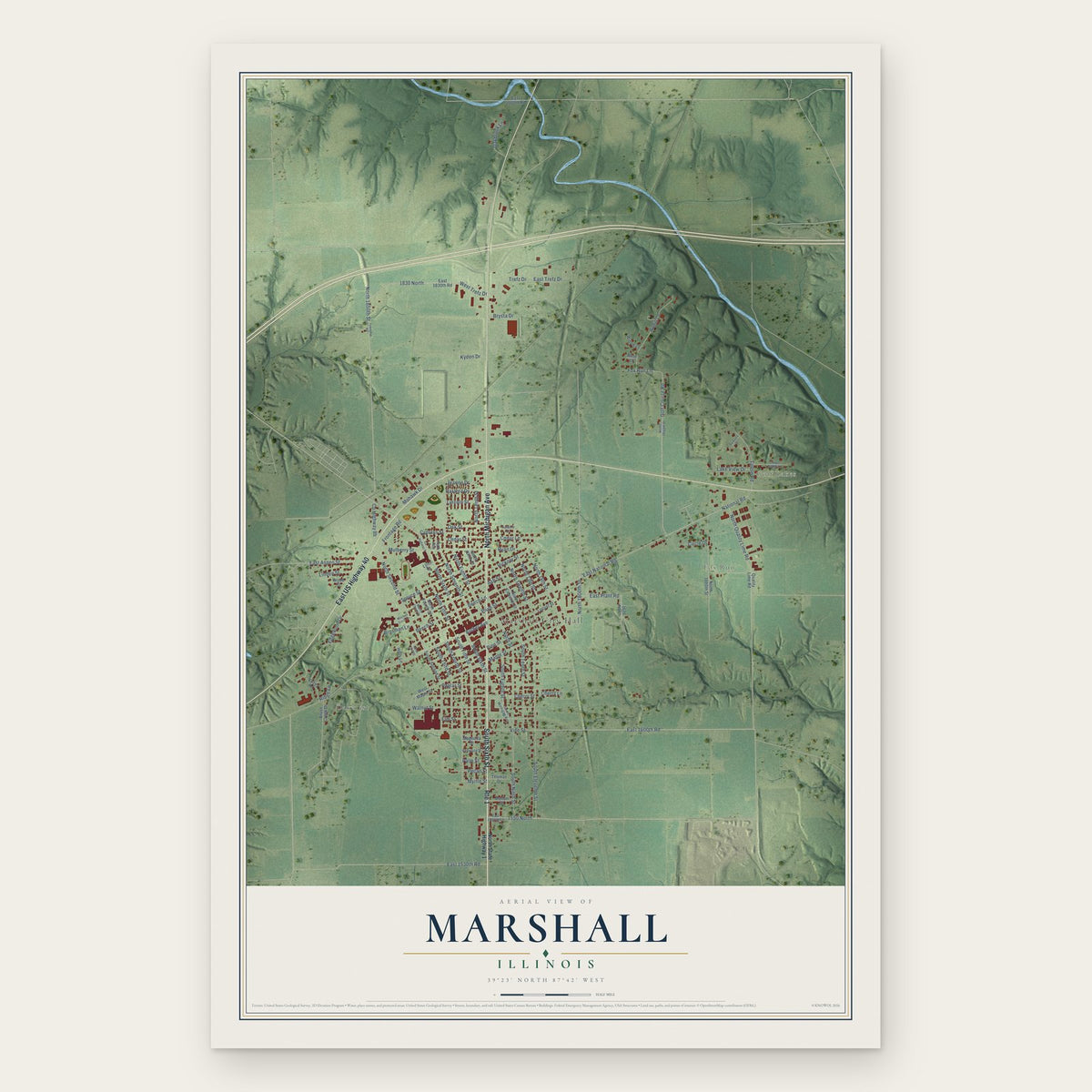 Marshall, Illinois map print, the full design